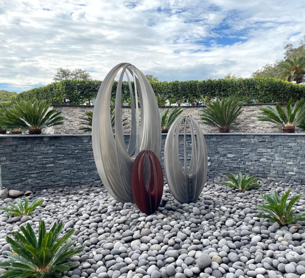 Egg shaped sculptures by Lump Sculpture Studio; Sculpture made form Stainless Steel and Corten Steel; Made in Melbourne