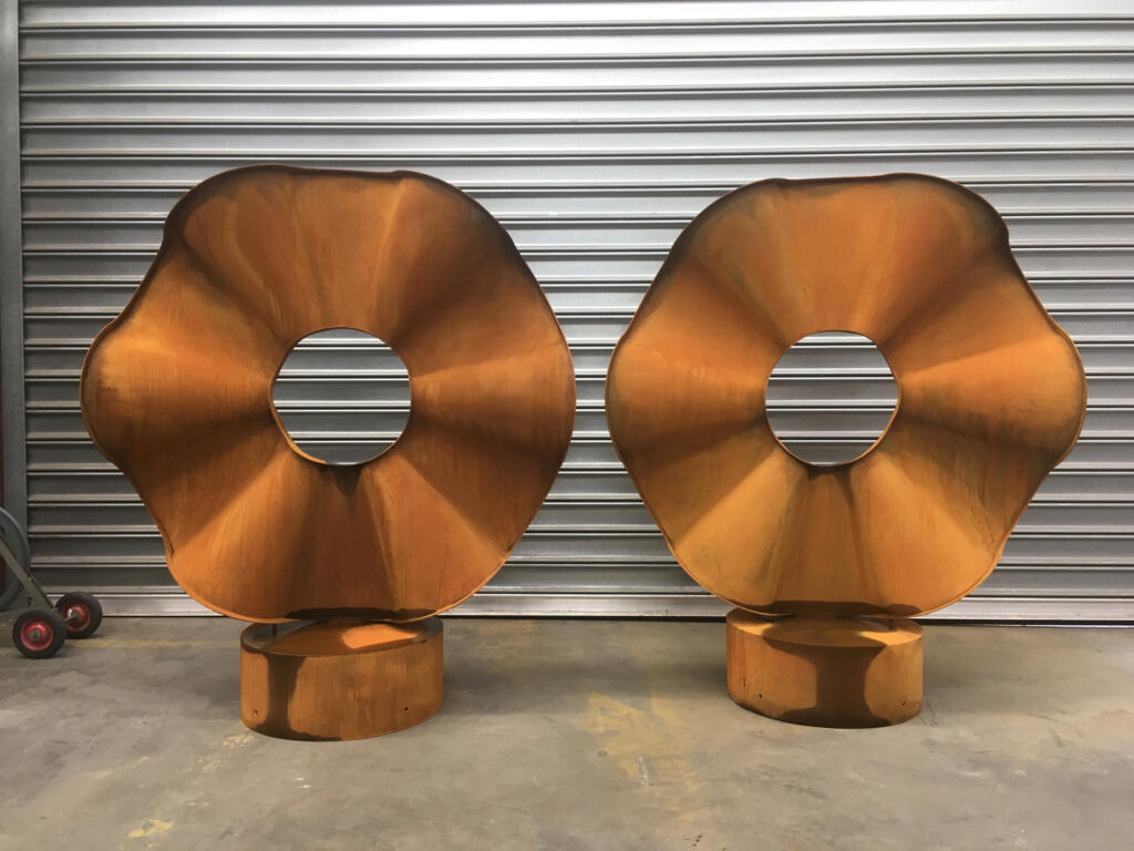 Small version of the sculpture named Amplitudes; Sculpture made from corten steel with a natural rusted finish; Sculpture made by Lump Sculpture Studio;