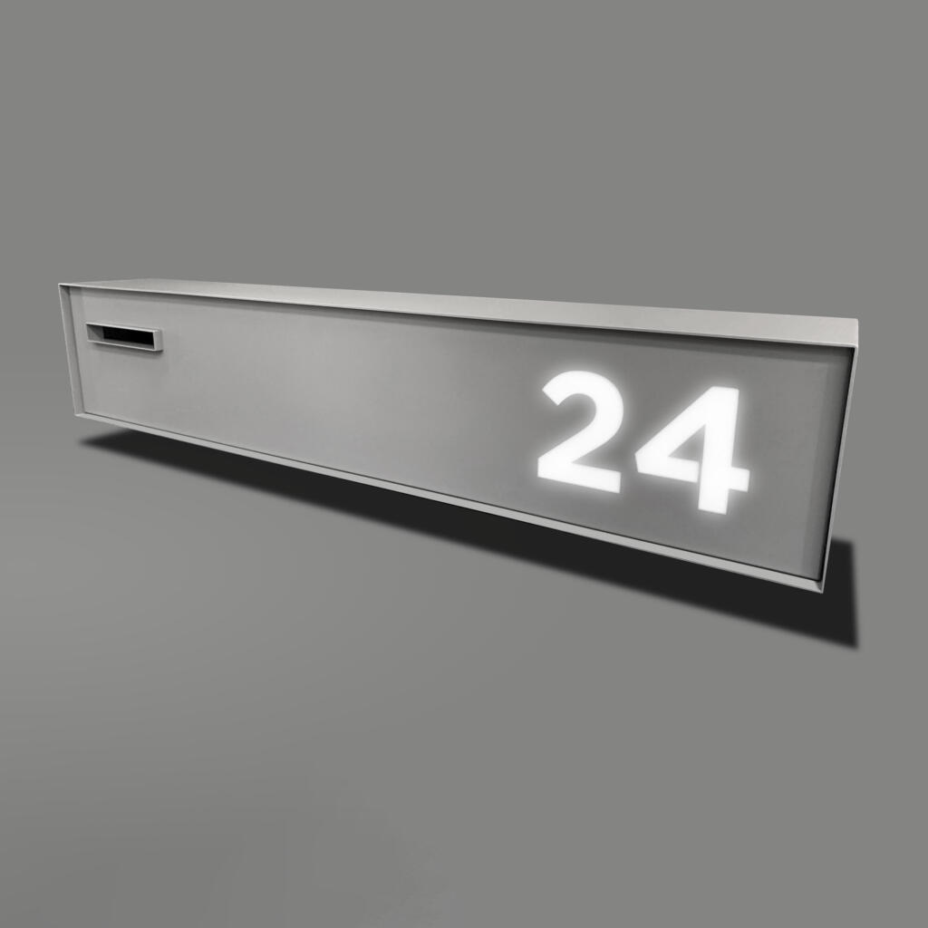 Long Custom Made Letterbox with lighting and laser cut house number