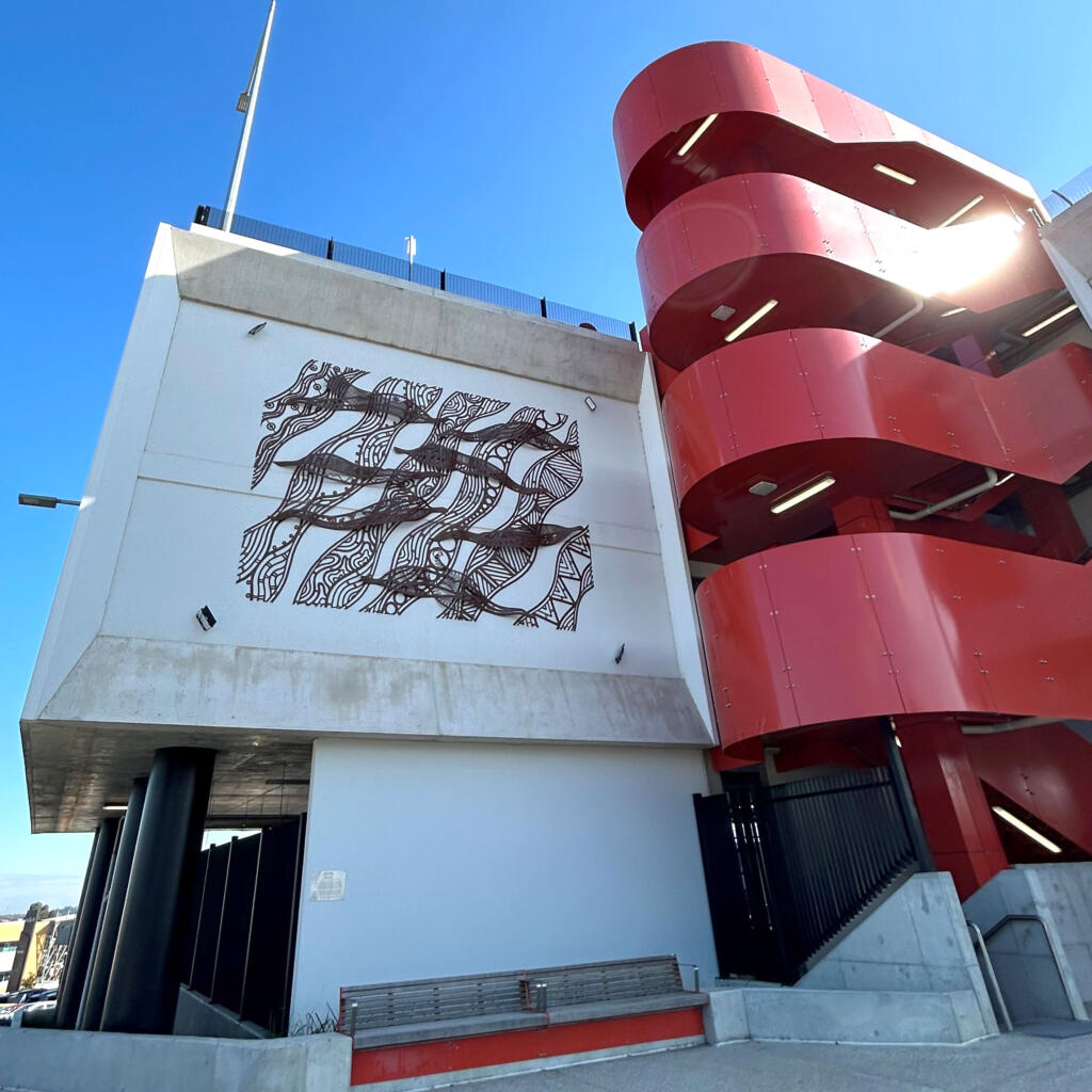 Murrenda, by Mandy Nicholson; Commissioned by the Level Crossing Removal Project with ADA Consulting for Berwick Station, is a celebration of First Nation perspectives of time, rooted in the observation of natural cycles and patterns; artwork fabricated by Lump Sculpture Studio