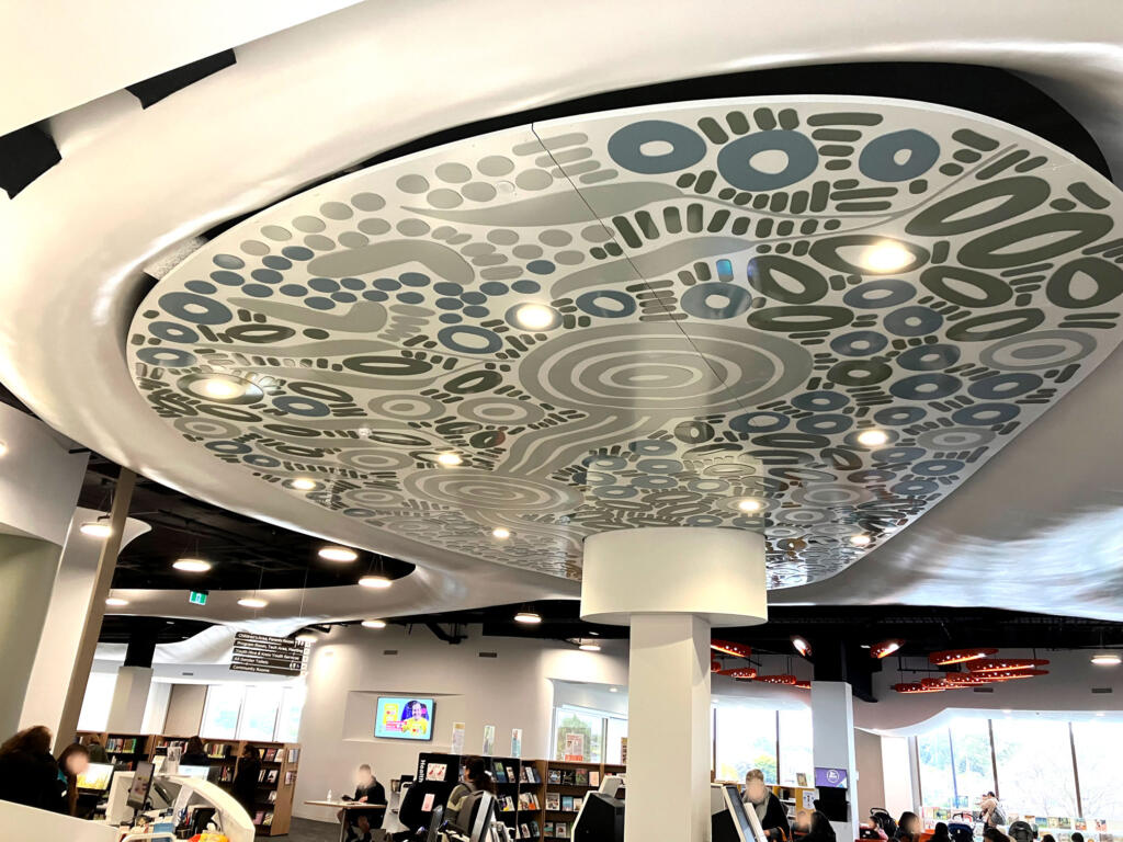 Artwork by Kamara Morgan featured in Knox Library fabricated by Lump Sculpture Studio; First Nations artwork installed on the ceiling of the new Knox Library;