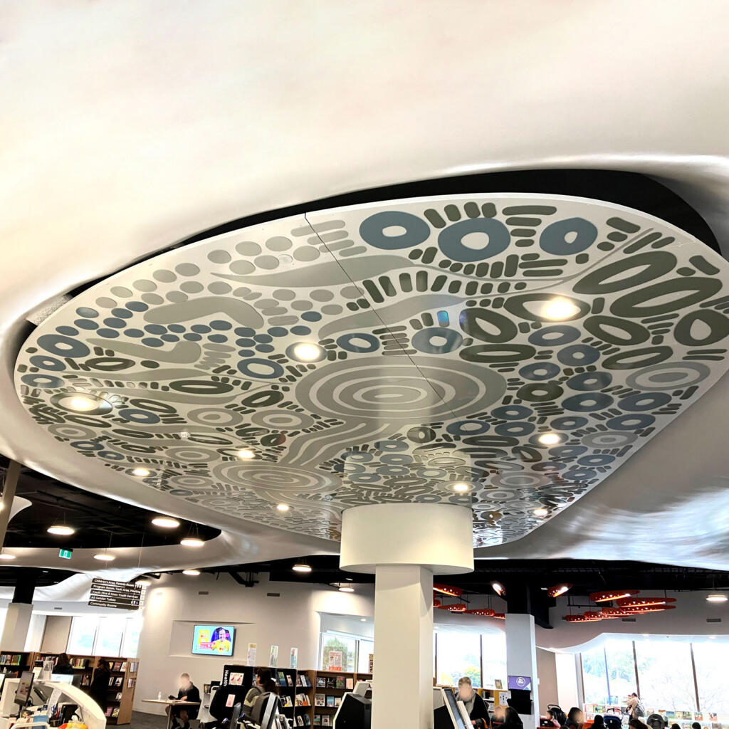 Artwork by Kamara Morgan featured in Knox Library fabricated by Lump Sculpture Studio; First Nations artwork installed on the ceiling of the new Knox Library;