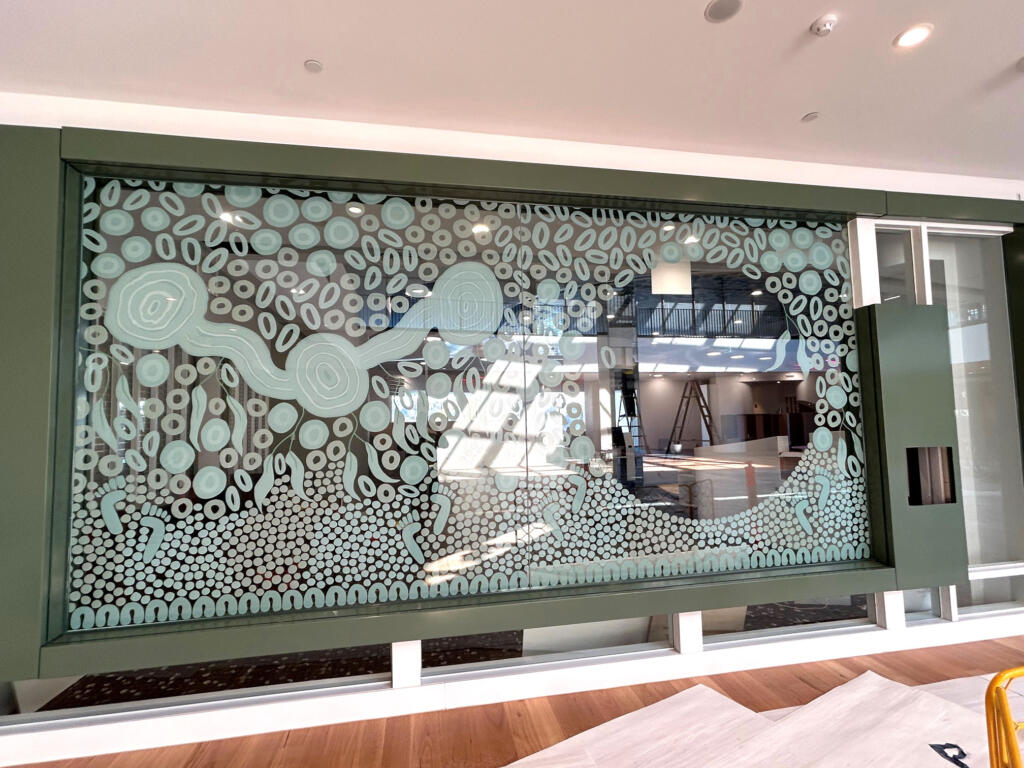 Artwork by Kamara Morgan featured in Knox Library fabricated by Lump Sculpture Studio; First Nations artwork installed on the ceiling of the new Knox Library;