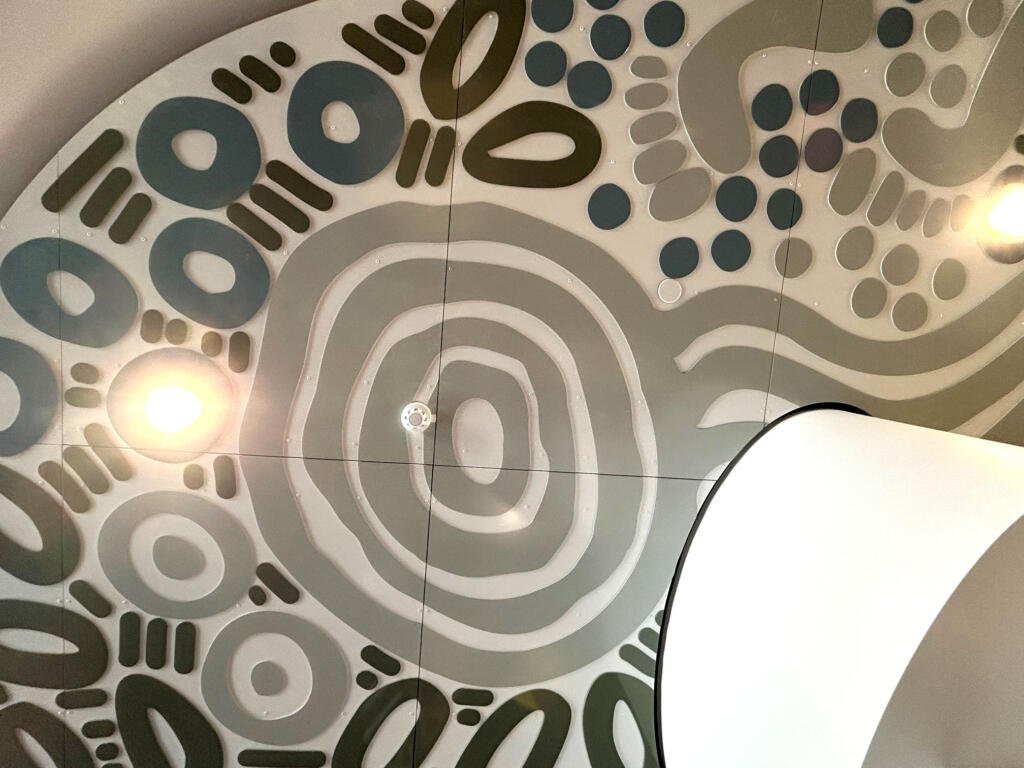 Artwork by Kamara Morgan featured in Knox Library fabricated by Lump Sculpture Studio; First Nations artwork installed on the ceiling of the new Knox Library;